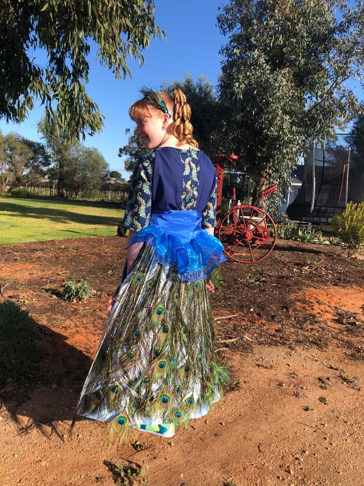 St Joseph’s School Renmark student Maddie Warren, 11, in her handmade and designed peacock costume.