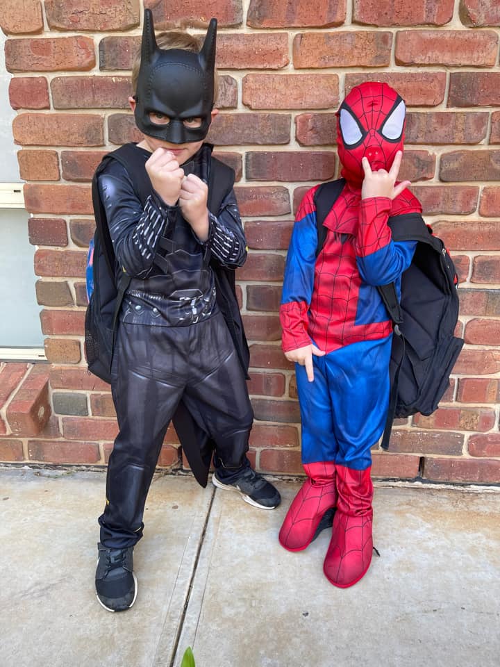 Renmark North School students Hunter, 7 and Nate Maczkowiack, 5, as Batman and Spiderman.