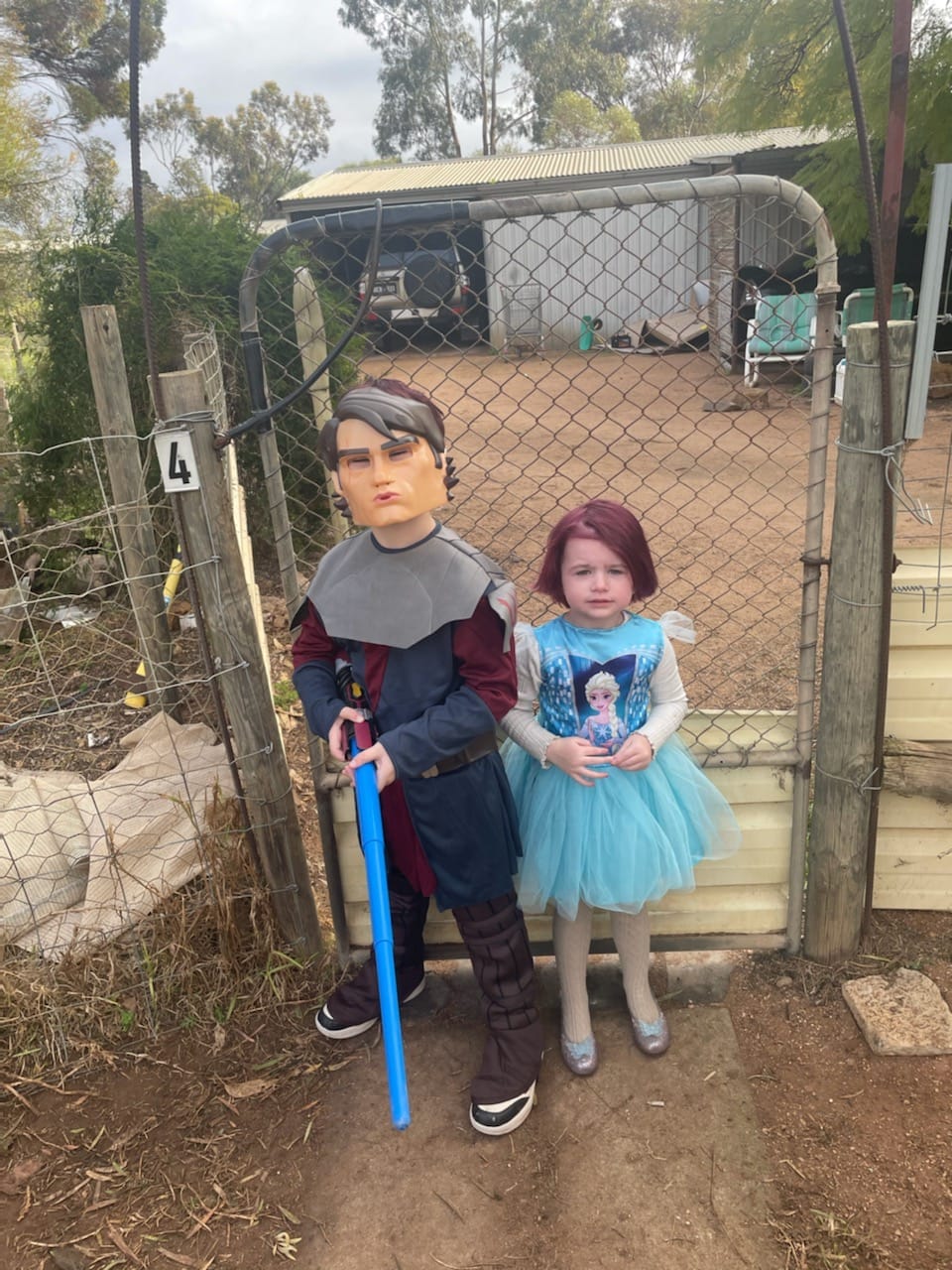 Renmark West Primary School students Hunter, 5, and Amelia Menz, 3 as Clone Wars Anakin Skywalker and Elsa.