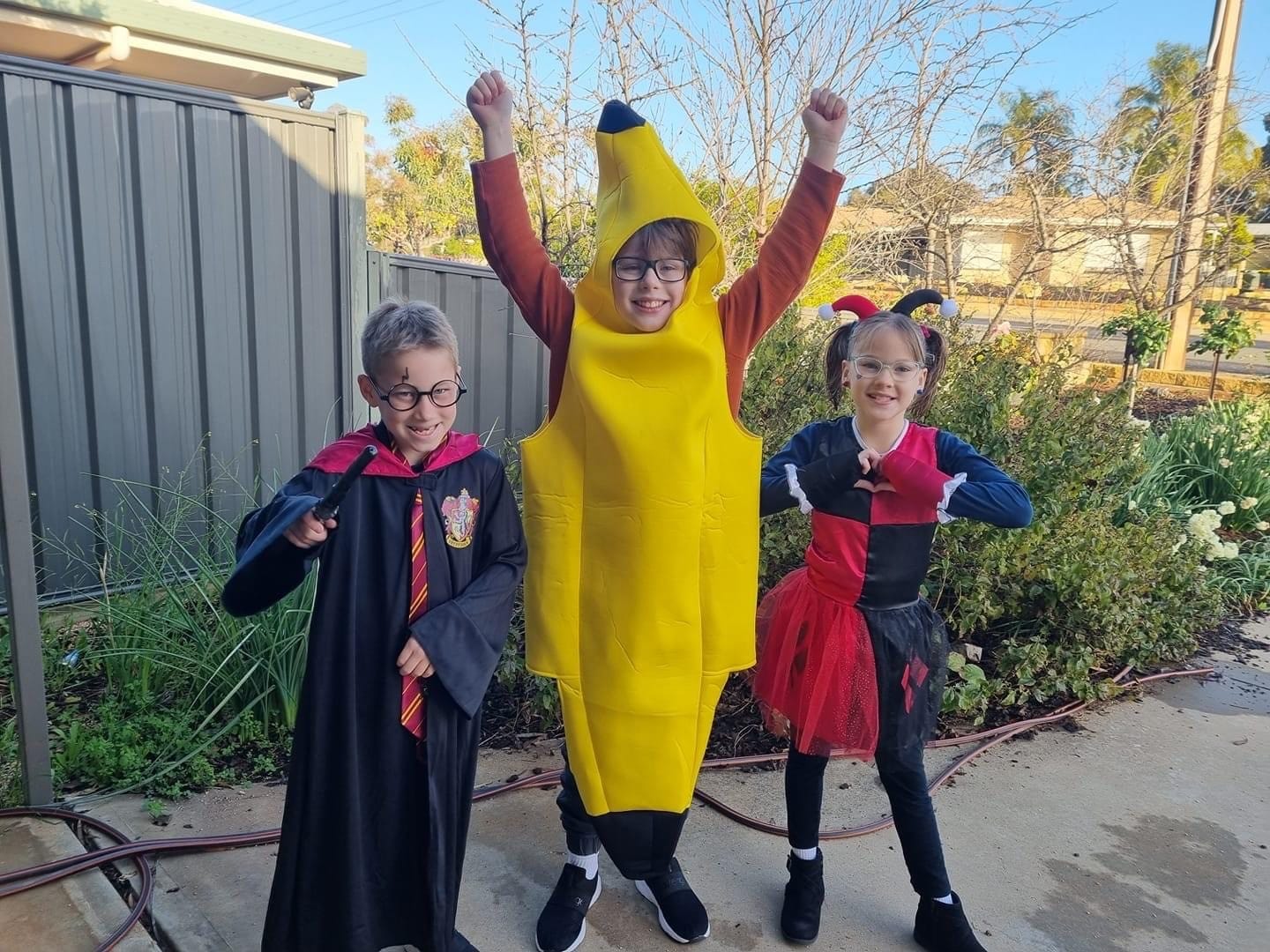 Loxton Primary School students Rylen, 7, Hunter, 10, and Ainslee Lipacis, 7, as Harry Potter, a banana and Harley Quinn. 
