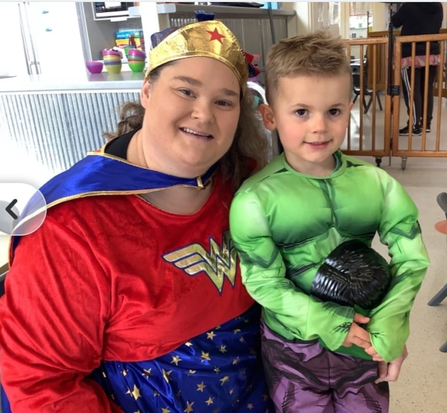Renmark Children's Centre's Hayley Watkins and Brayden Bussenschutt, 3, as Wonder Woman and The Hulk.