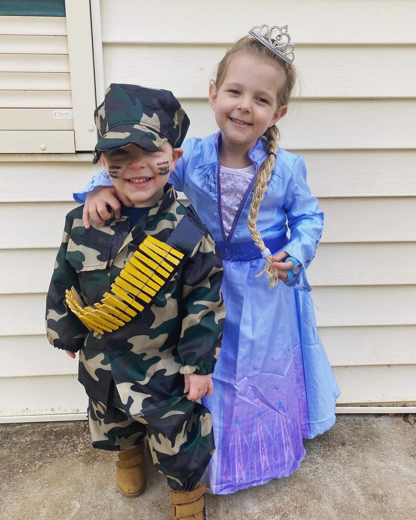 Riverland Early Learning Centre’s Lucas, 2, and Ayvah Karagiannis, 3, as a soldier and Elsa.