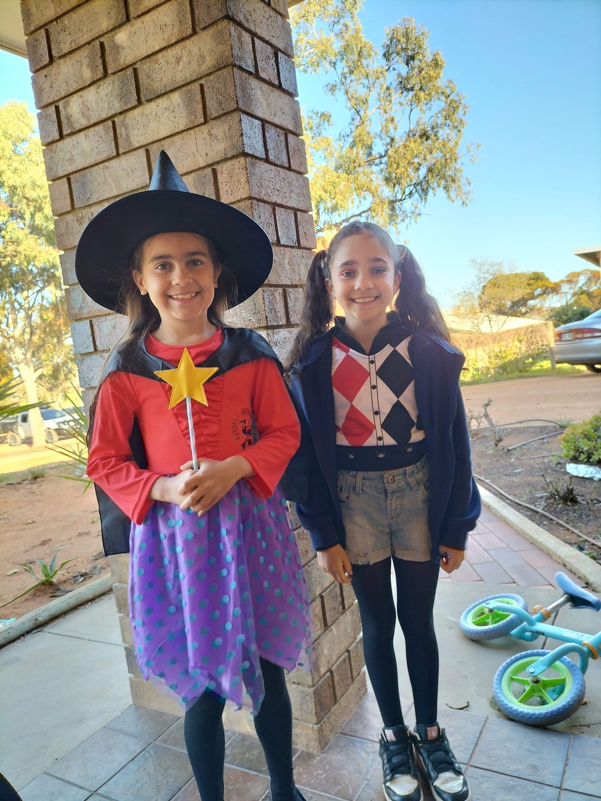 Renmark Primary School students Azalei, 7, and Amani Karpany, 8, as a witch and Harley Quinn.