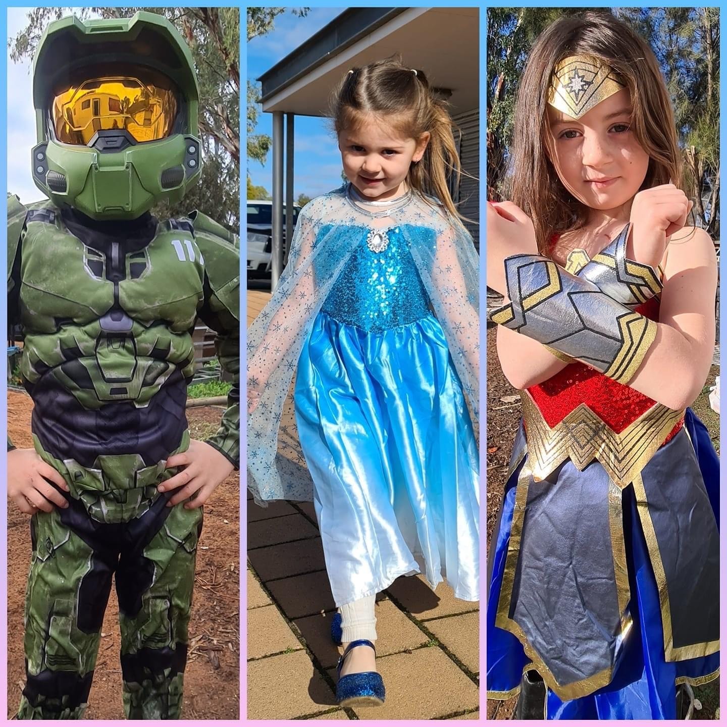 Renmark Primary School students Jayden, 6, Hayley, 4, and Amelia Lehmann, 7, as a Halo character, Elsa and Wonder Woman.
